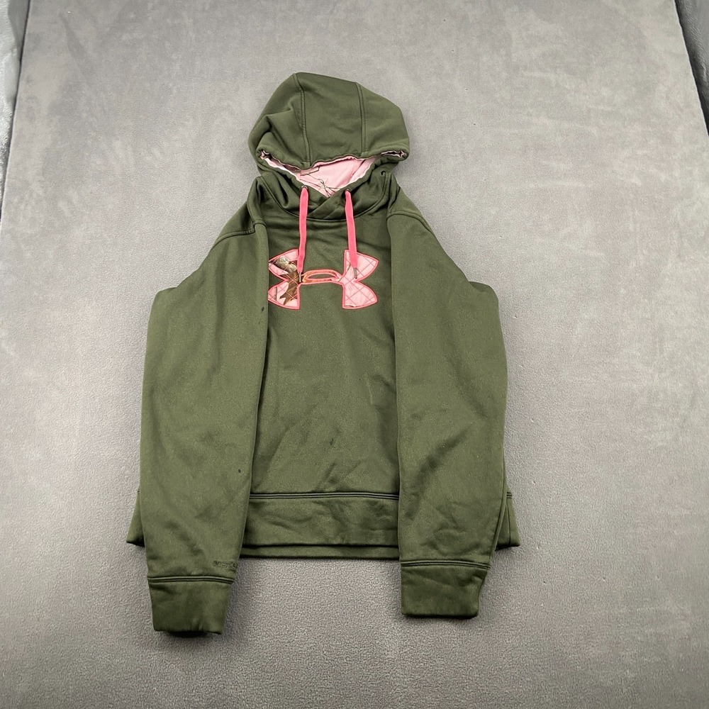 Under Armour Storm Hoodie Women Large Olive Green Graphic Fleece Lined Loose Fit